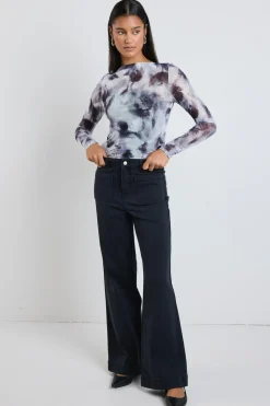 Stories be Told Light Charcoal Smudge Mesh Boatneck Top