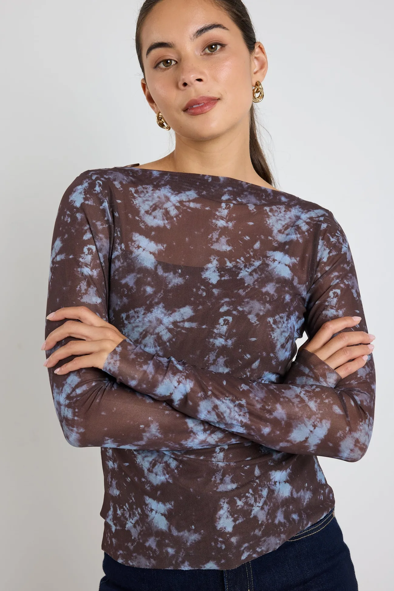 Stories be Told Light Chocolate Tie Dye Mesh Boatneck Top
