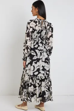 Ivy + Jack Limitless Black Floral LS Shirred Maxi Dress