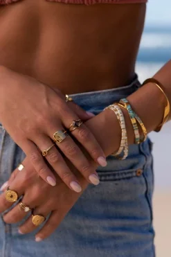 Love Lunamei Love Cream Gold Stripe with Gold Charm Bracelet