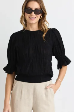 Ivy + Jack Lovely Black Shirred Cotton Shirred Back SS Top