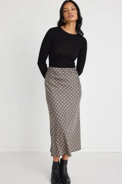 Georgia Mae Loyal Black Geo Satin Bias Midi Skirt