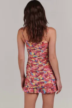Charlie Holiday Luisa Pink Botanica Ruched Strappy Mini Dress