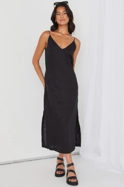 RE:UNION Label Lulu Black Linen Strappy Midi Dress