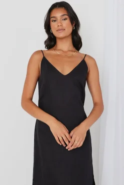 RE:UNION Label Lulu Black Linen Strappy Midi Dress