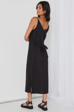RE:UNION Label Lulu Black Linen Strappy Midi Dress