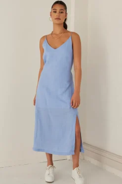 RE:UNION Label Lulu Cornflower Linen Strappy Midi Dress