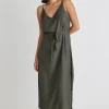 Among the Brave Lulu Khaki Washer Satin Tie Waist Midi Slip Dress