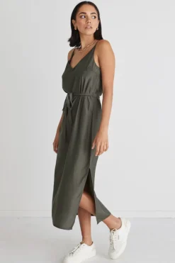 Among the Brave Lulu Khaki Washer Satin Tie Waist Midi Slip Dress