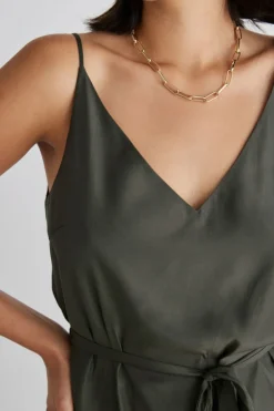 Among the Brave Lulu Khaki Washer Satin Tie Waist Midi Slip Dress