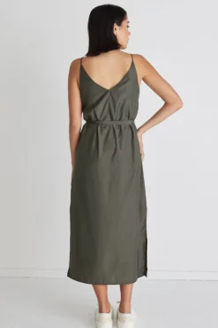 Among the Brave Lulu Khaki Washer Satin Tie Waist Midi Slip Dress