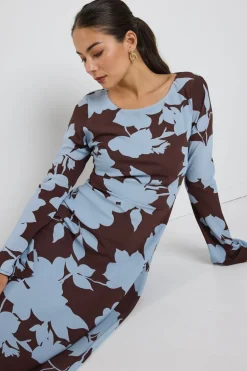 Stories be Told Luminous Brown Blue Floral Fluted Sleeve Bias Maxi Dress