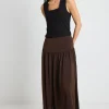 Among the Brave Lupe Espresso Hammered Satin Midi Skirt