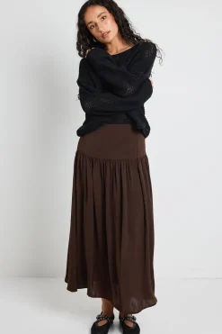 Among the Brave Lupe Espresso Hammered Satin Midi Skirt