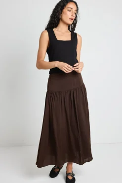 Among the Brave Lupe Espresso Hammered Satin Midi Skirt