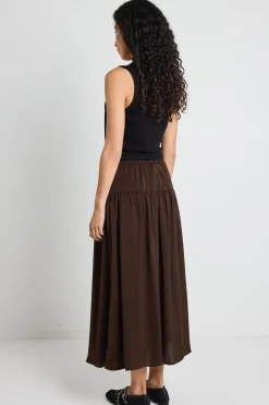 Among the Brave Lupe Espresso Hammered Satin Midi Skirt