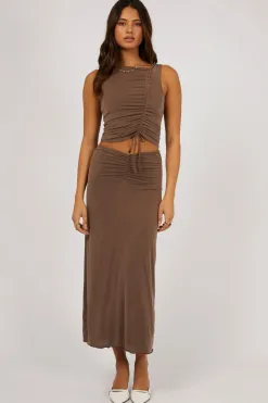 Jorge Luxe Brown Ruched Front Maxi Skirt