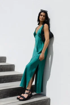 Among the Brave Mable Ocean Green Satin Sleeveless Empire Tie Back Maxi Dress