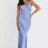 Among the Brave Mable Slate Satin Sleeveless Empire Tie Back Maxi Dress