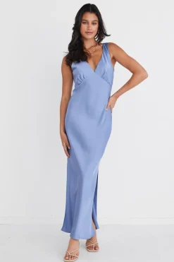 Among the Brave Mable Slate Satin Sleeveless Empire Tie Back Maxi Dress