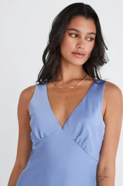 Among the Brave Mable Slate Satin Sleeveless Empire Tie Back Maxi Dress