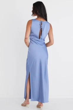 Among the Brave Mable Slate Satin Sleeveless Empire Tie Back Maxi Dress
