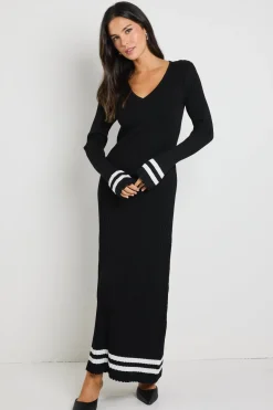 Stories be Told Main Black Stripe LS V Neck Maxi Knit Dress