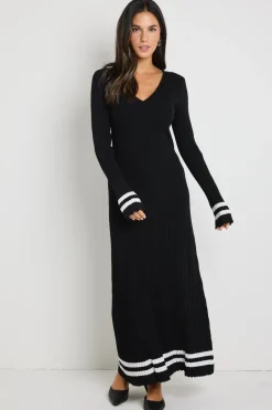 Stories be Told Main Black Stripe LS V Neck Maxi Knit Dress