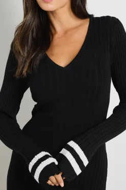 Stories be Told Main Black Stripe LS V Neck Maxi Knit Dress