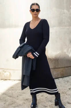 Stories be Told Main Black Stripe LS V Neck Maxi Knit Dress