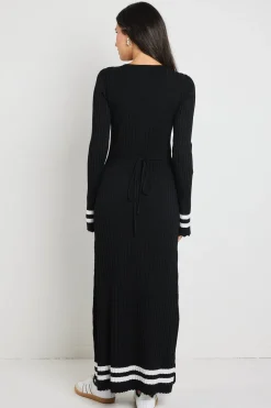 Stories be Told Main Black Stripe LS V Neck Maxi Knit Dress