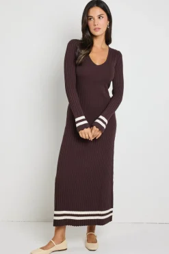 Stories be Told Main Chocolate Stripe LS V Neck Knit Maxi