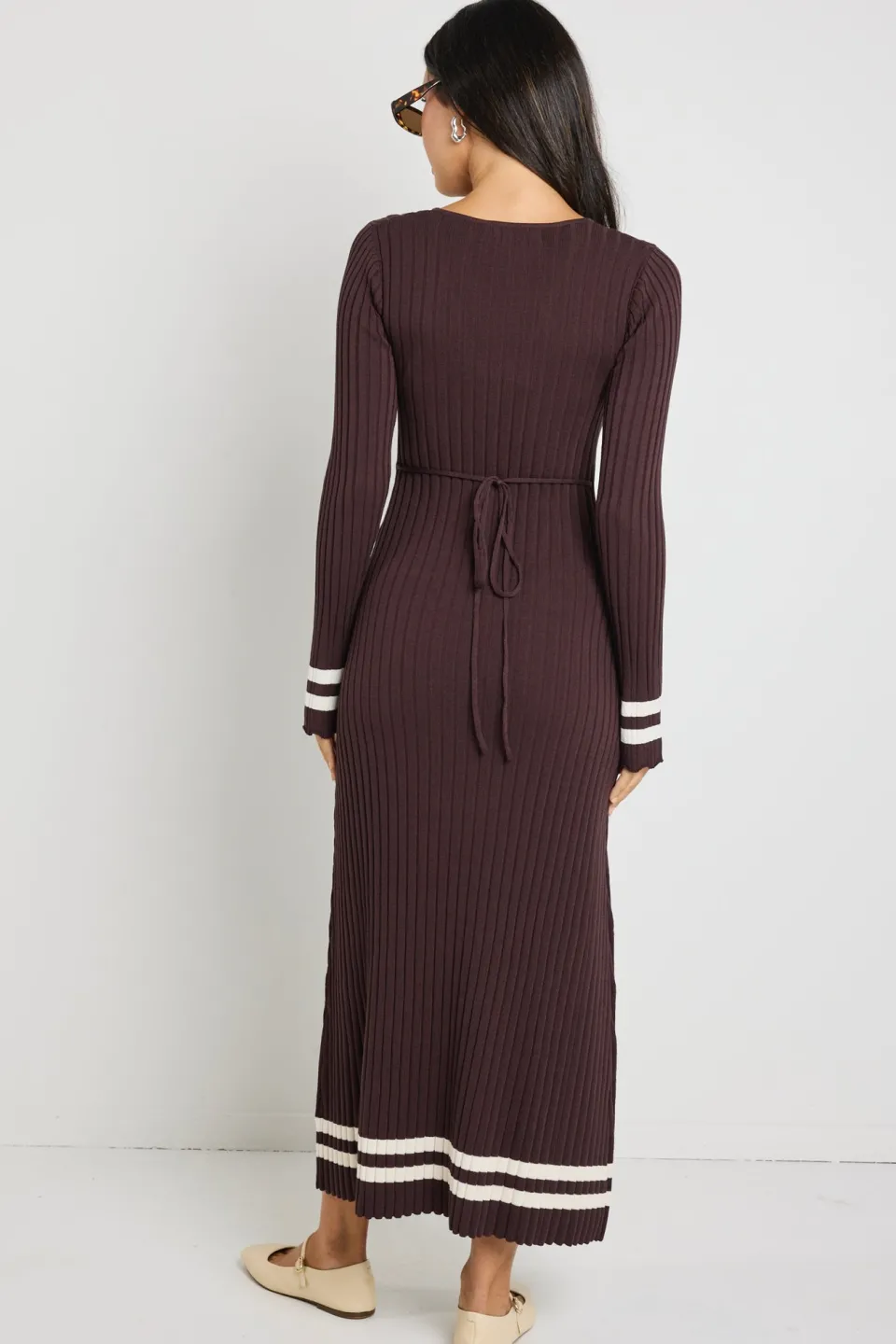 Stories be Told Main Chocolate Stripe LS V Neck Knit Maxi