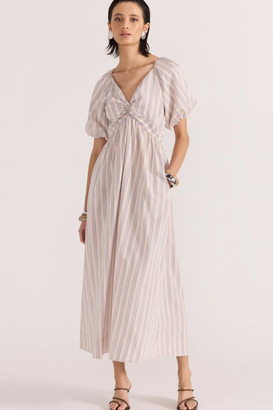 Staple The Label Mallory Beige Stripe Twist Front Dress