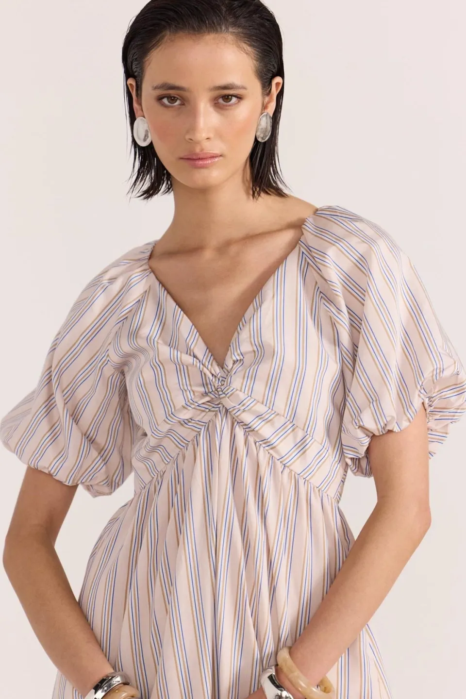 Staple The Label Mallory Beige Stripe Twist Front Dress