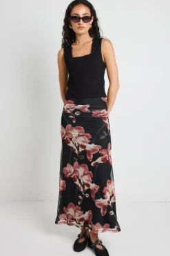 Among the Brave Manner Blush Floral Rouched Mesh Midi Skirt