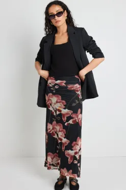 Among the Brave Manner Blush Floral Rouched Mesh Midi Skirt