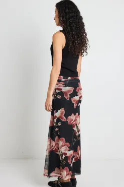 Among the Brave Manner Blush Floral Rouched Mesh Midi Skirt