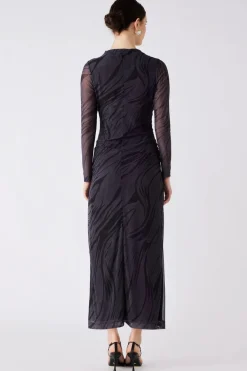Esmaee Marble Charcoal Print Mesh LS Midi Dress
