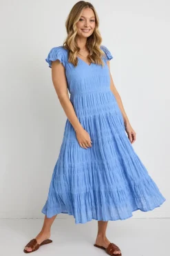 Ivy + Jack Marley French Blue Shirred Cotton Sleeveless V-Neck Tiered Maxi Dress