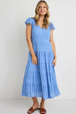 Ivy + Jack Marley French Blue Shirred Cotton Sleeveless V-Neck Tiered Maxi Dress
