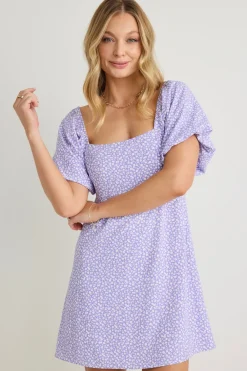 Love Lulu Mayhem Lilac Ditsy Floral Square Neck Puff Sleeve Mini Dress