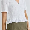 Ivy + Jack Mellow White Linen V Neck SS Shirred Top