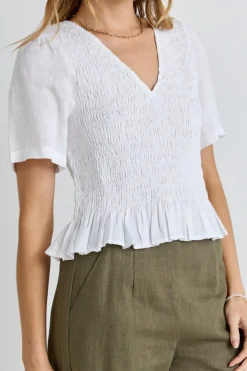 Ivy + Jack Mellow White Linen V Neck SS Shirred Top
