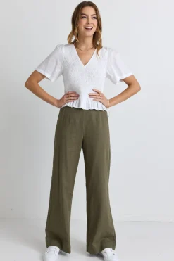 Ivy + Jack Mellow White Linen V Neck SS Shirred Top