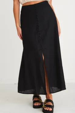 Among the Brave Mercy Black Linen Button Front Aline Skirt