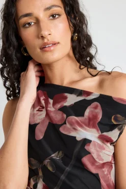 Among the Brave Method Blush Floral Mesh Twist Shoulder Midi Dress