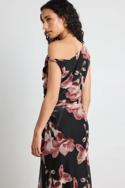 Among the Brave Method Blush Floral Mesh Twist Shoulder Midi Dress