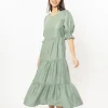 Leila + Luca Mia Sage Texture Blouson Sleeve Tiered Maxi Dress
