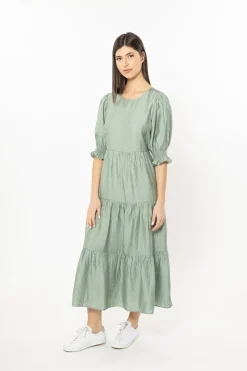 Leila + Luca Mia Sage Texture Blouson Sleeve Tiered Maxi Dress
